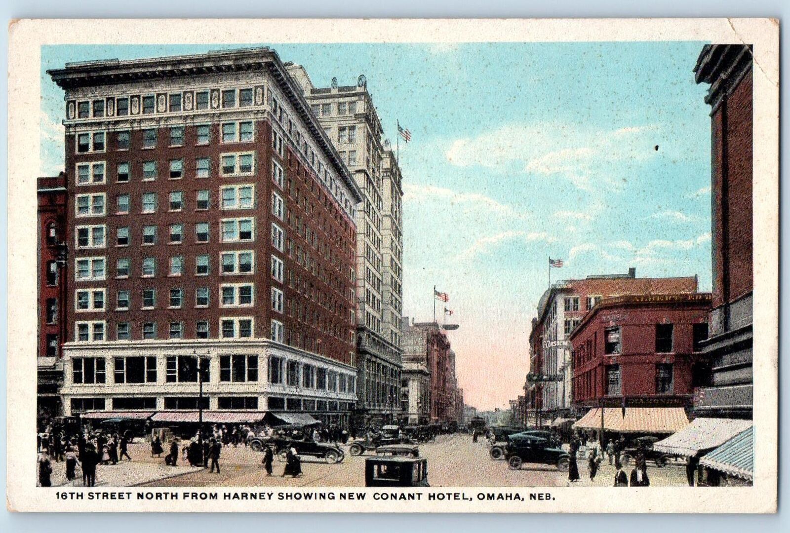 c1920's 16th Street North From Harney New Conant Hotel Omaha Nebraska Postcard