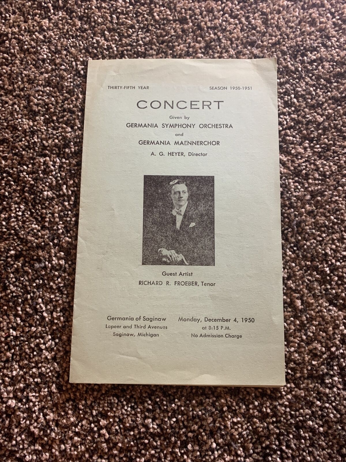 Vintage - Germania Symphony Orchestra Program Richard Froeber - Saginaw Michigan