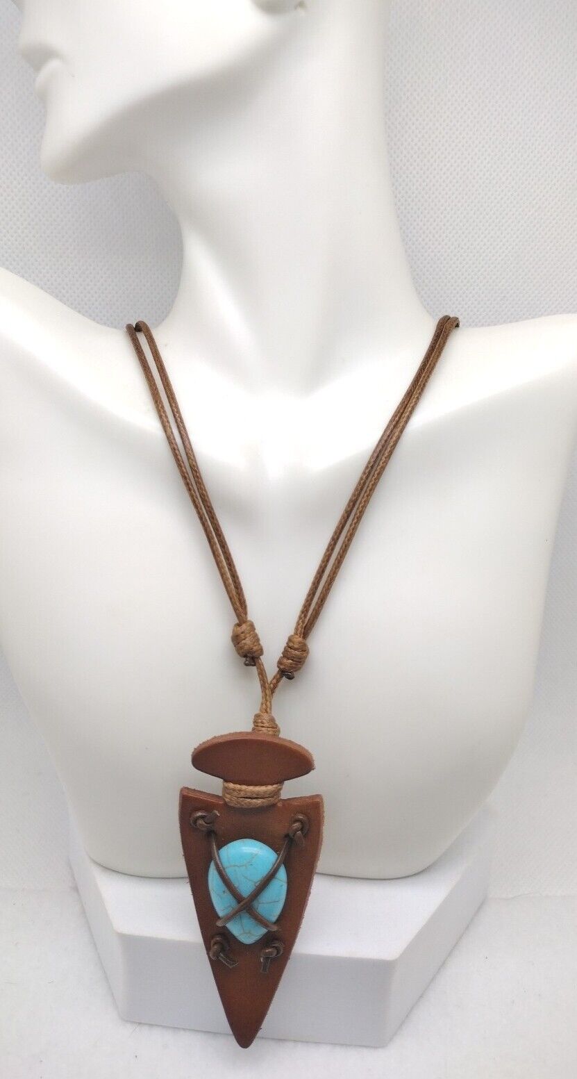 Brown Leather Bound Arrow Head Turquoise Stone Necklace Jewelry Great Gift.