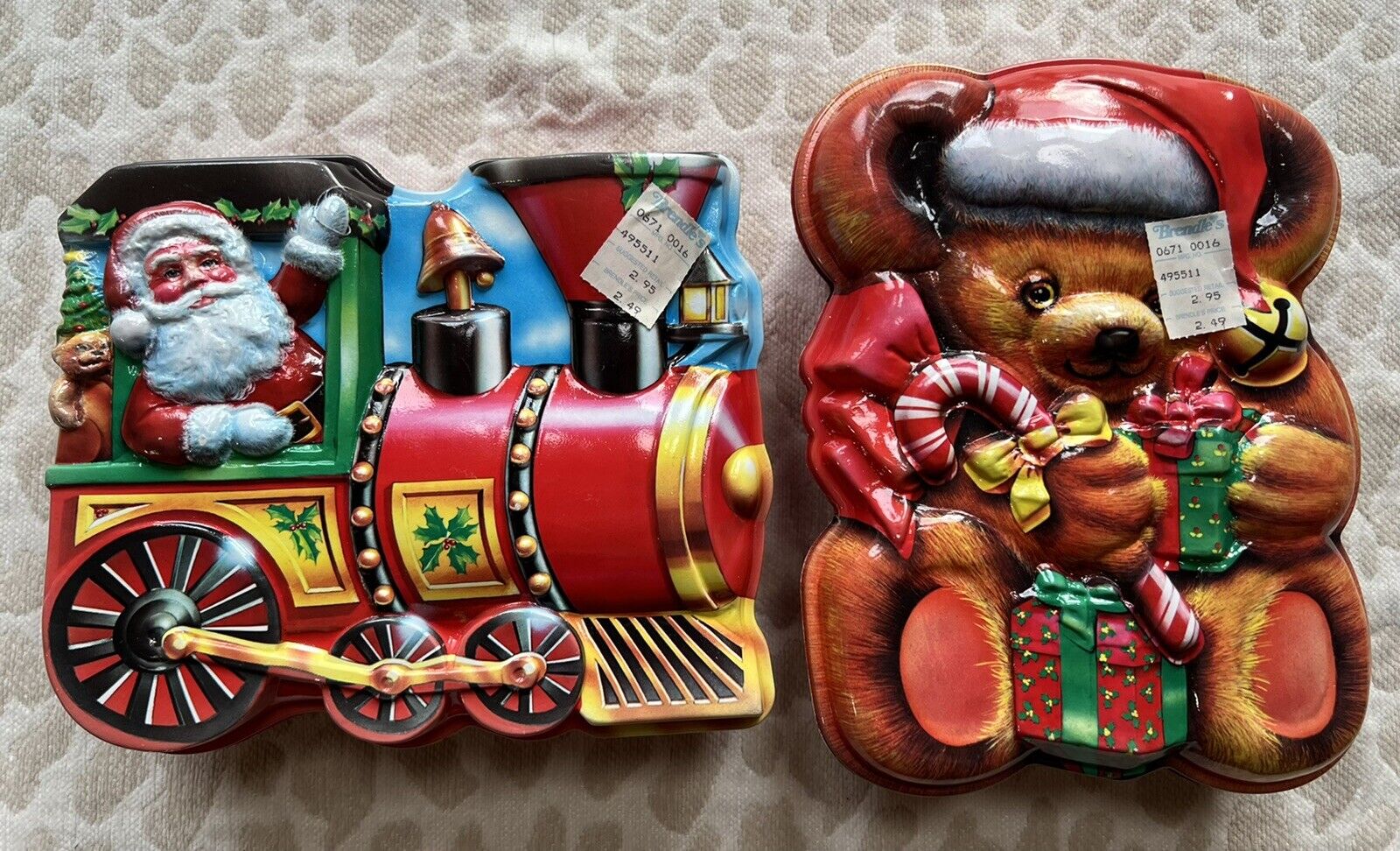 ullman Christmas containers lot of 2 plastic train bear cookie tins vintage NOS
