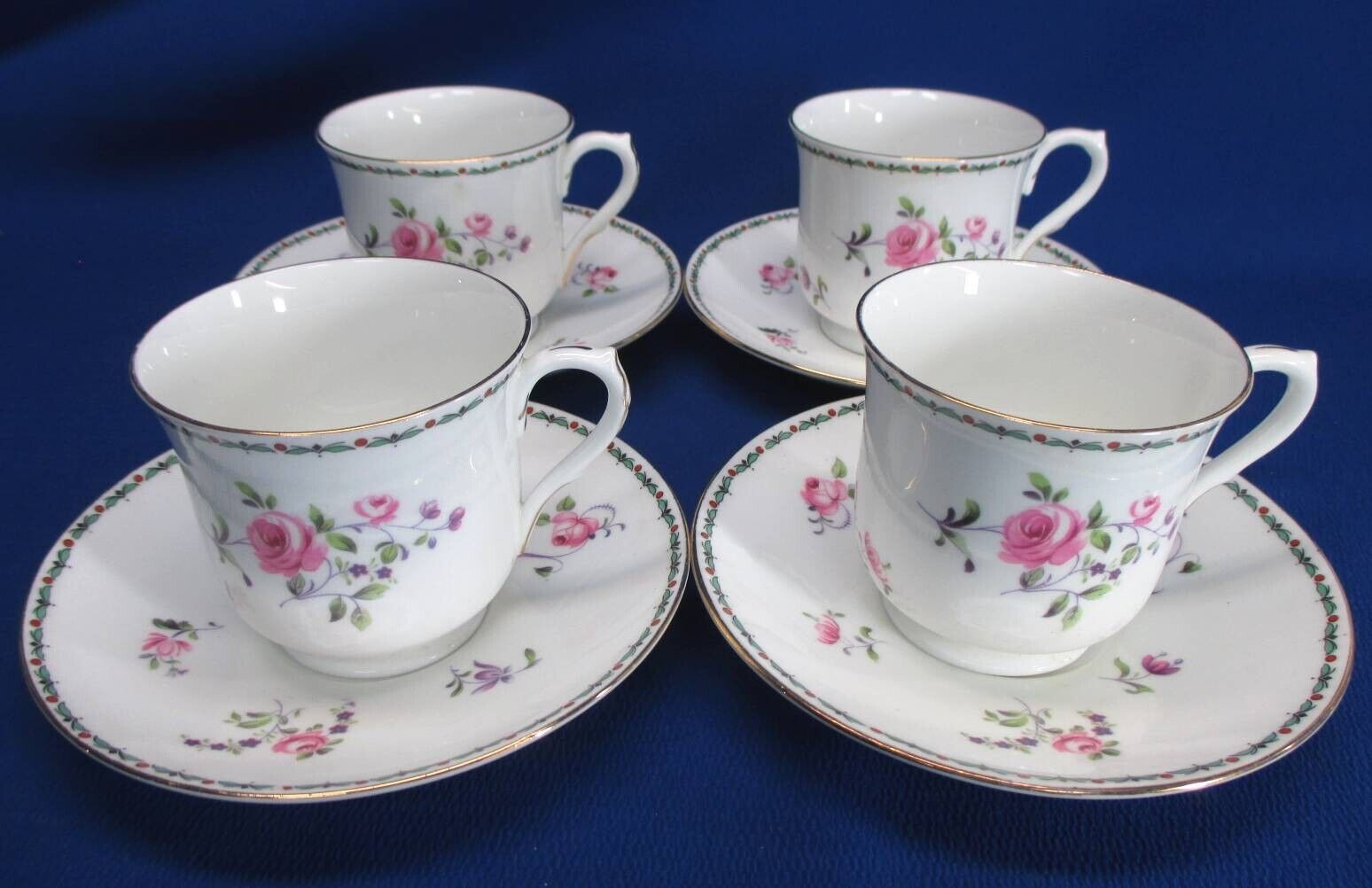 SET OF 4 SHELLEY CUPS AND SAUCERS PINK ROSES RED & GREEN BANDS