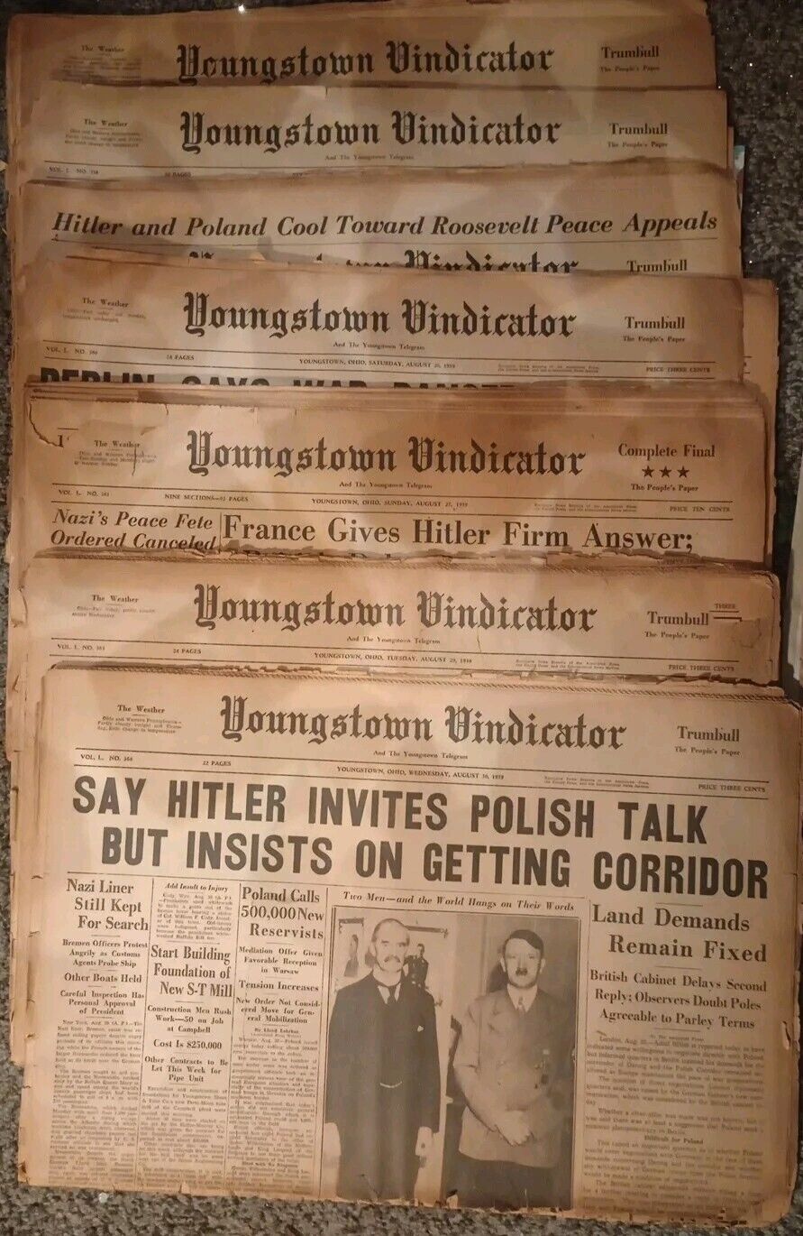 7Vintage Rare AUG 1939 Youngstown Vindicator News Papers 