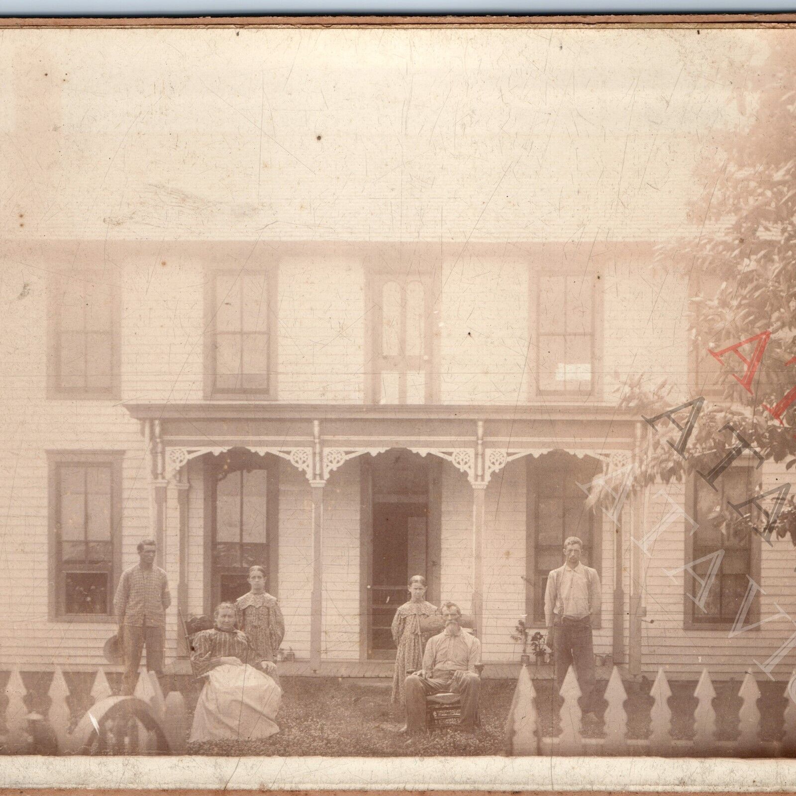 c1880s I Folk Victorian House Large Cabinet Card Photo Family Porch Woodwork 7A