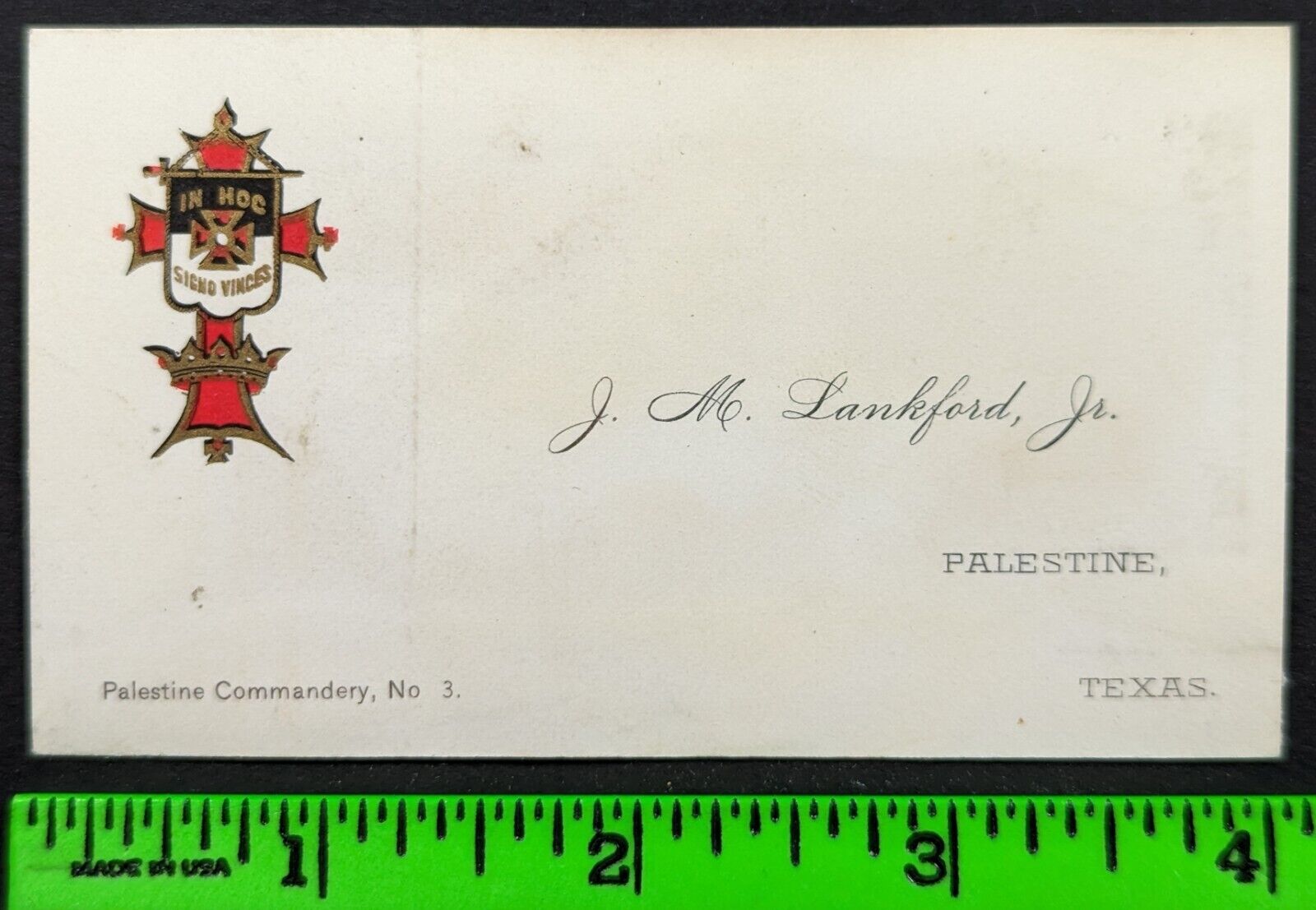 Vintage 1883 Knight\'s Templar Palestine Texas Business Card
