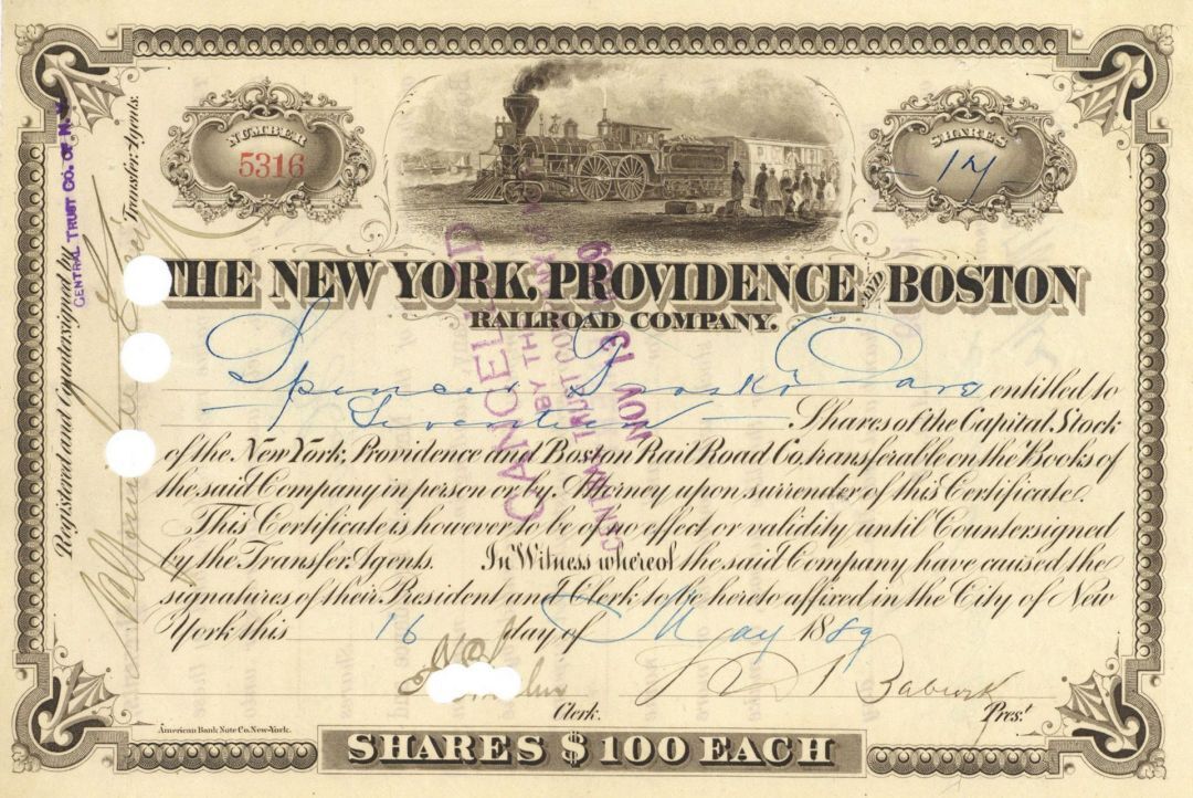 New York, Providence and Boston Railroad - 1880's dated Railway Stock Certificat