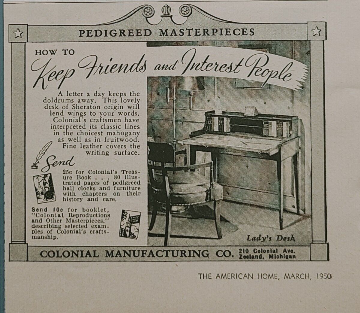 Colonial Manufacturing Co Lady\'s Desk Zeeland MI Vintage Print Ad 1950