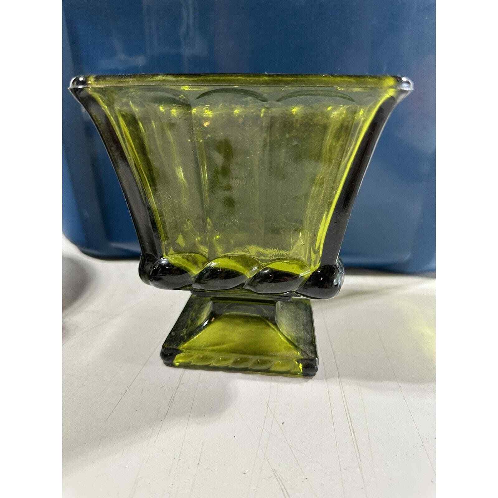 VINTAGE Lenox VASE Avocado Green Pressed Glass Pedestal Footed Planter