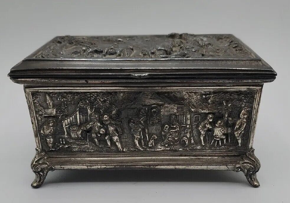 Antique JB Brothers Cast Silver Plated Metal Jewelry Box Casket 1320 Euro Scene