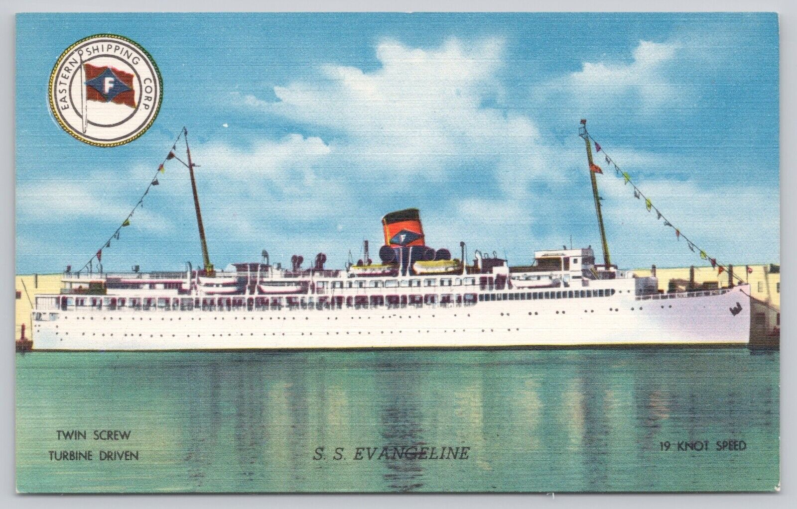 Eastern Shipping Corp SS Evangeline Vintage Linen Postcard Twin Screw Turbine