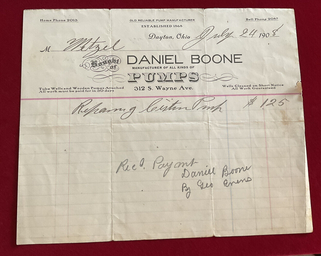 Boone Pump Co Dayton OH Letterhead Bill (Descendant of Famous KY Daniel Boone)