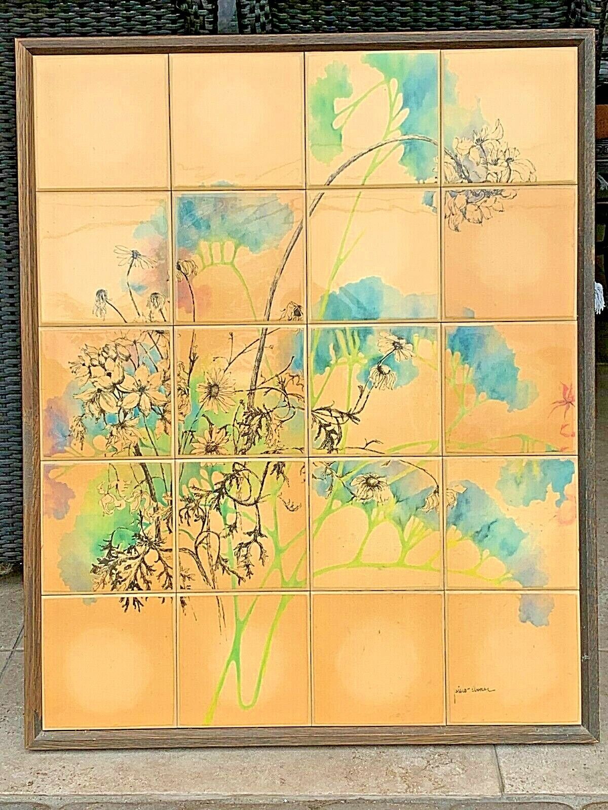 VINTAGE 20 FRAMED TILES PRINTED FROM PIERO AVERSA (1928-1990) PAINTING FLOWERS 