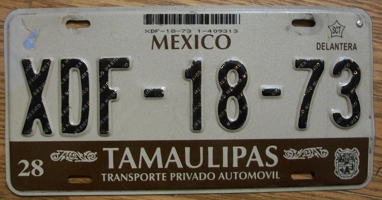 SINGLE MEXICO state of TAMAULIPAS LICENSE PLATE -2007/09- XDF-18-73 - AUTOMOVIL