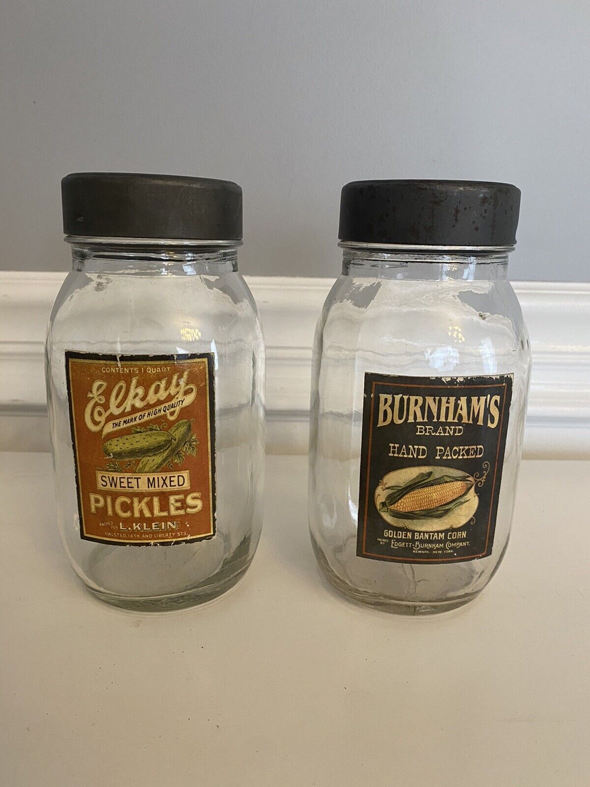Vintage Rare Advertising Glass Jars w/ Lid Elkay Pickles, Burnham\'s Golden Corn