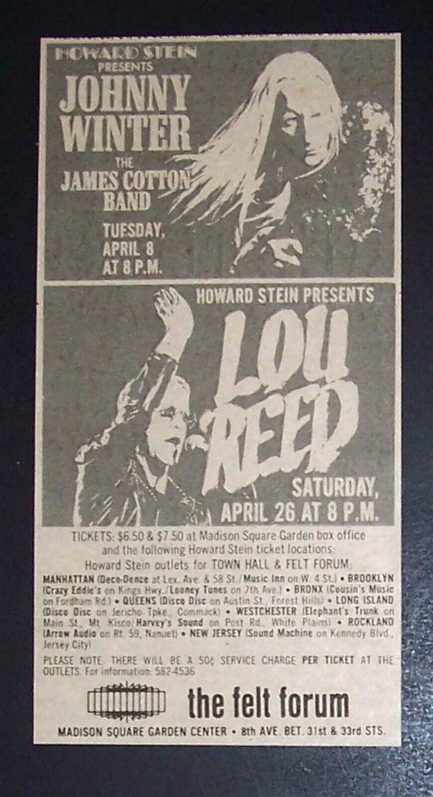 Lou Reed Coney Island Baby Era, Johnny Winter Felt Forum NY 1975 Concert Ad