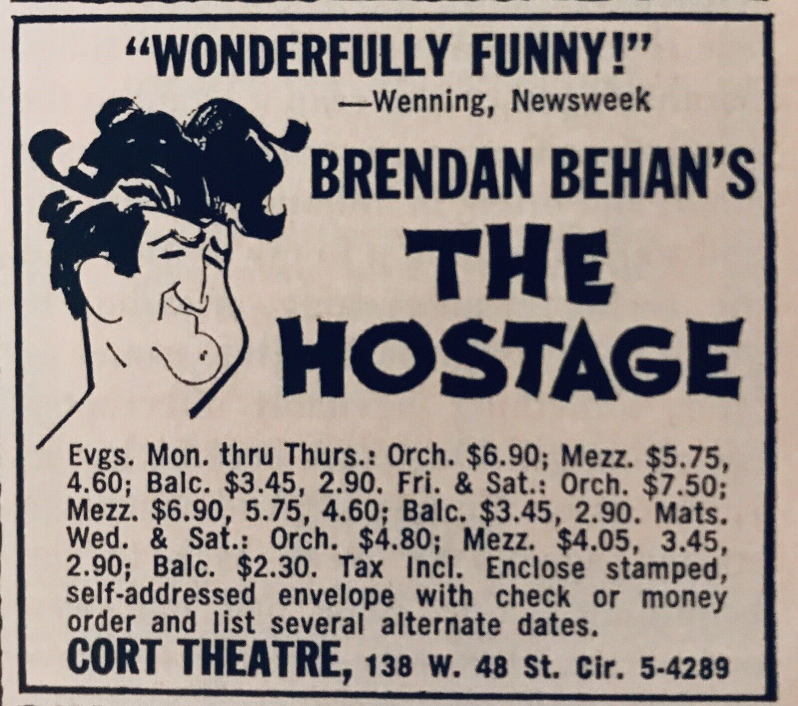 1960 Brendan Behan IN The Hostage On BROADWAY AD 2.5\