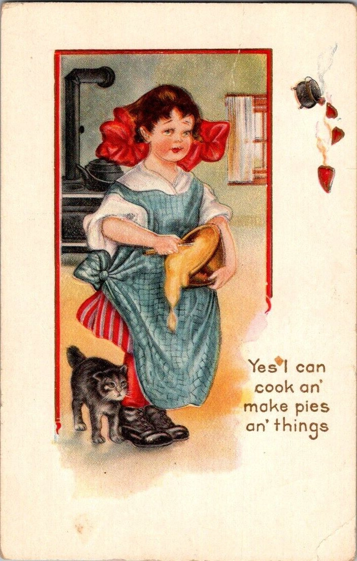 YOUNG GIRL WITH BIG BOW COOKING MAKING PIES CAT POSTCARD A8