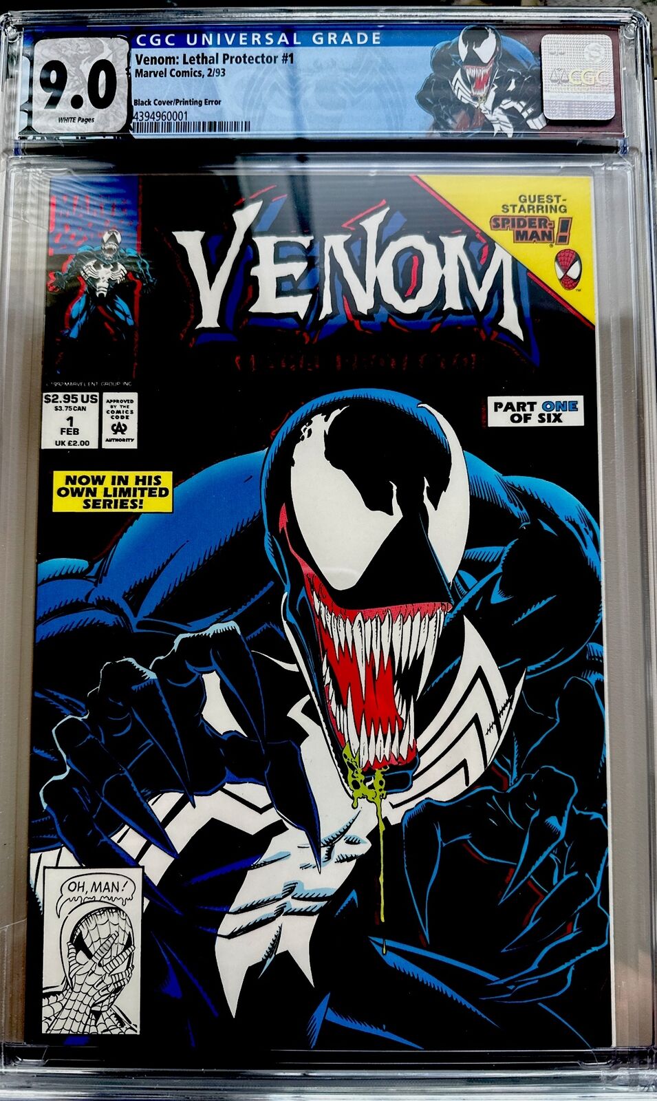 Venom Lethal Protector Comic #1 Black Cover Error Variant 1993 Marvel CGC 9.0