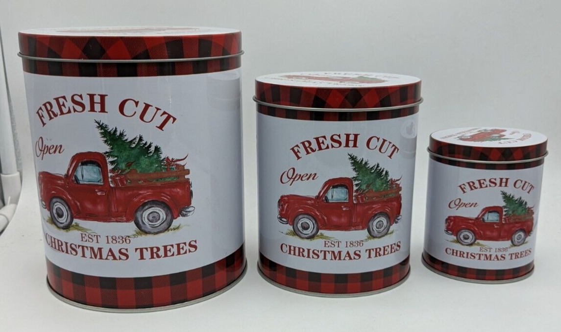 3 Vtg Christmas Farm House Tins Decorative Nesting Containers/canister’s Clean