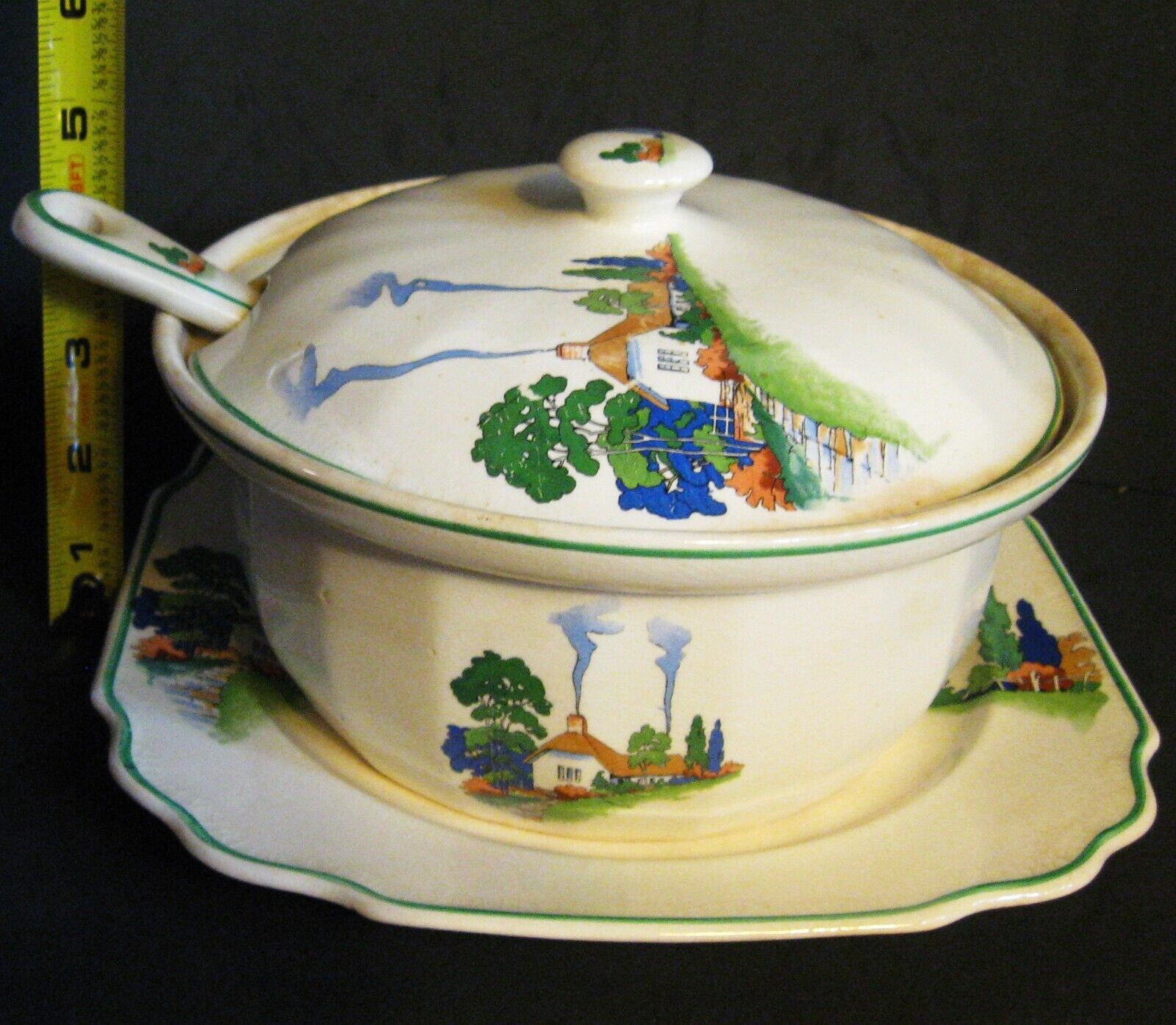 Thatched Roof Cottage Soup Tureen, Cover, Spoon and Underplate Harker Pottery