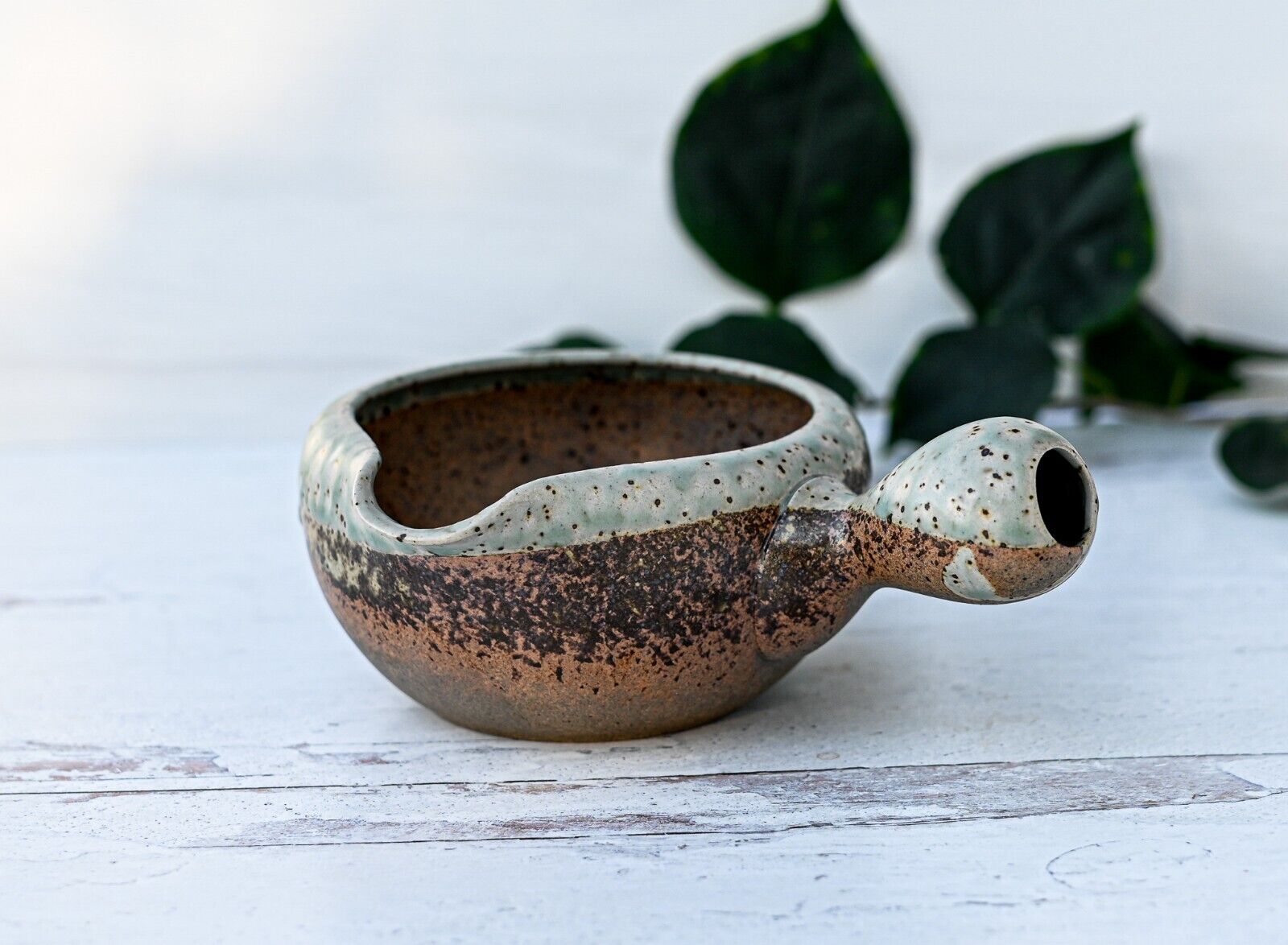 Handmade Ceramic Brown Matcha Bowl with Spout and Handle