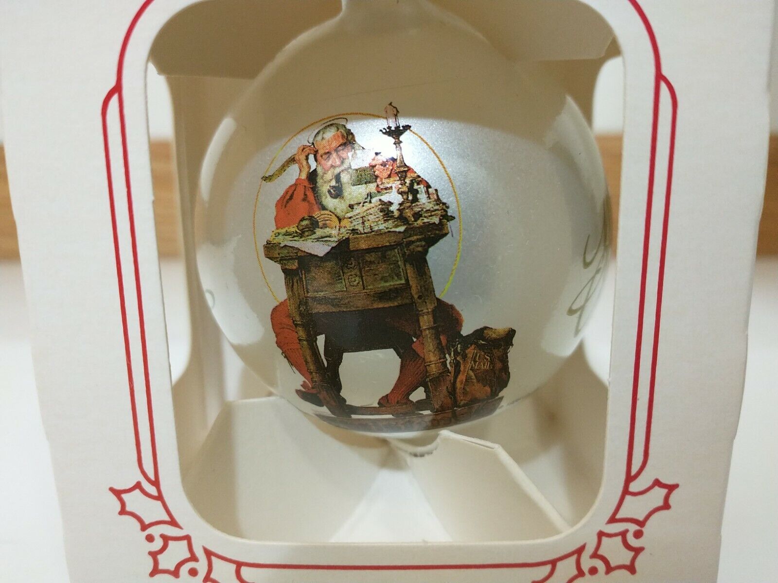 VTG Norman Rockwell Curtis Publishing Christmas Ball Ornament Santa At His Desk 