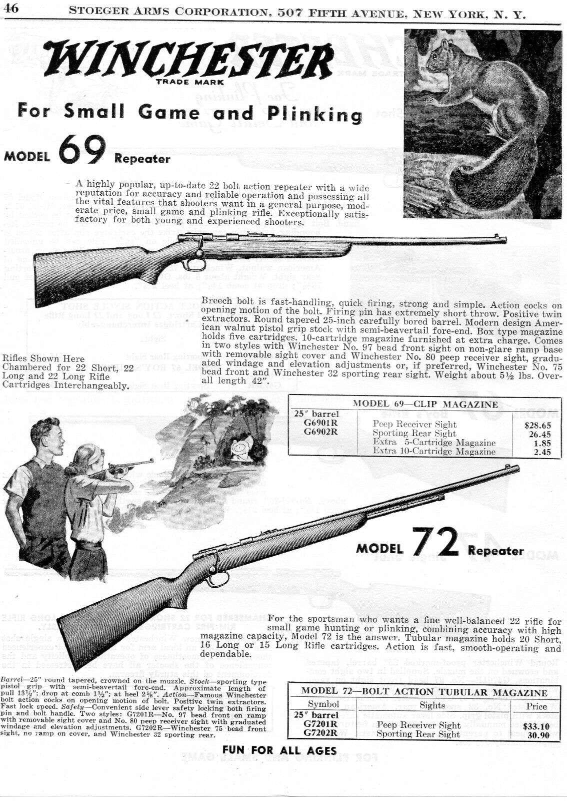 1953 Print Ad of Winchester Model 72 & 69 Small Game Rifle