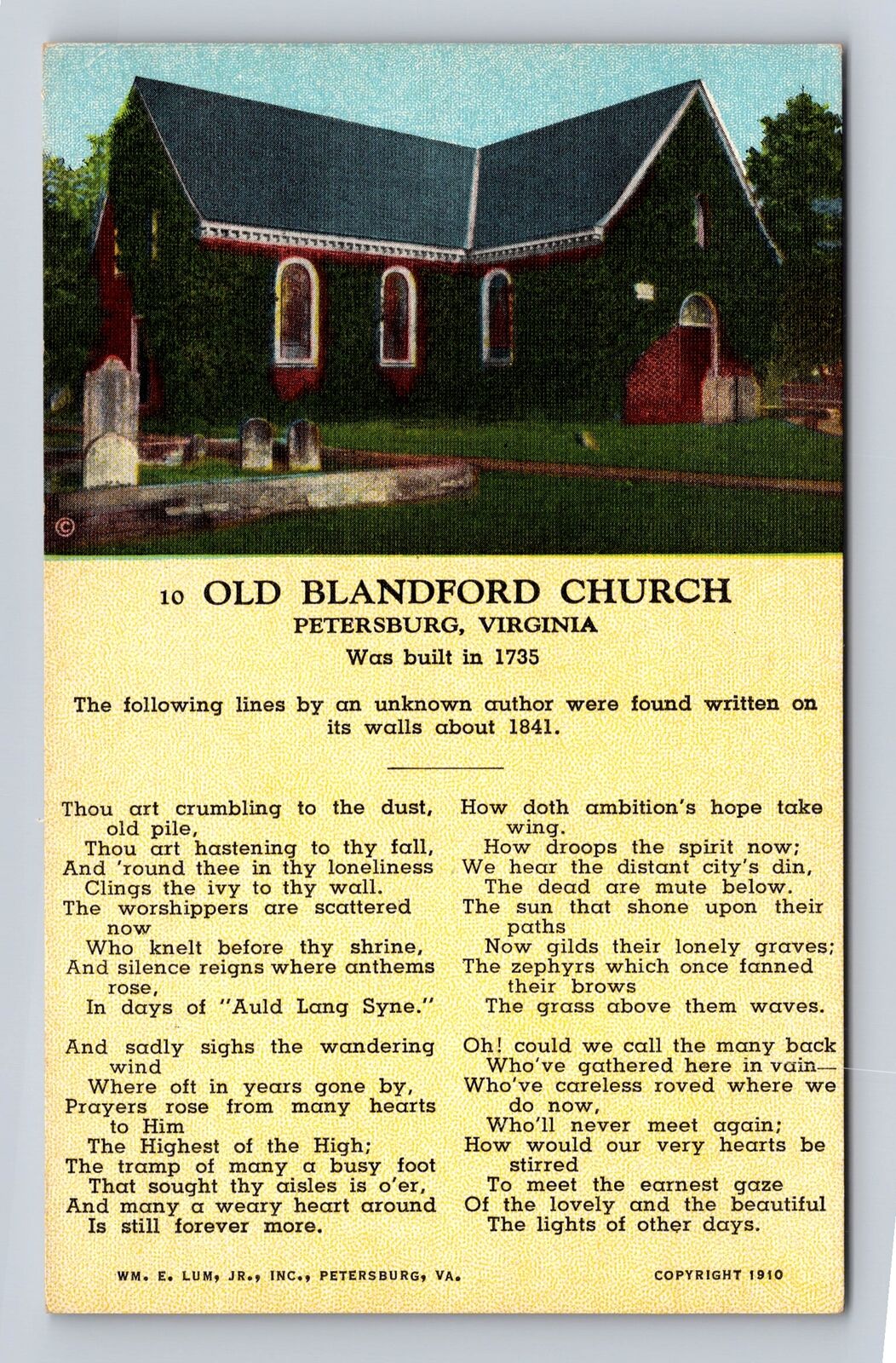 Petersburg VA-Virginia, Old Blandford Church, Religion, Vintage Postcard