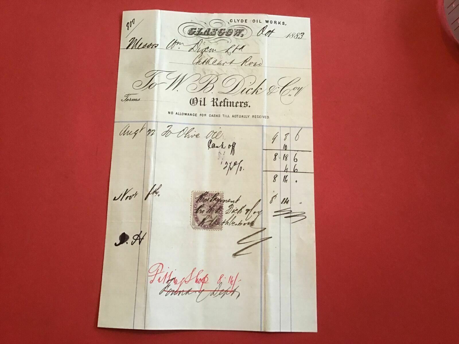 W.B Dick and Co Oil Refiners   1883 Glasgow receipt R33451