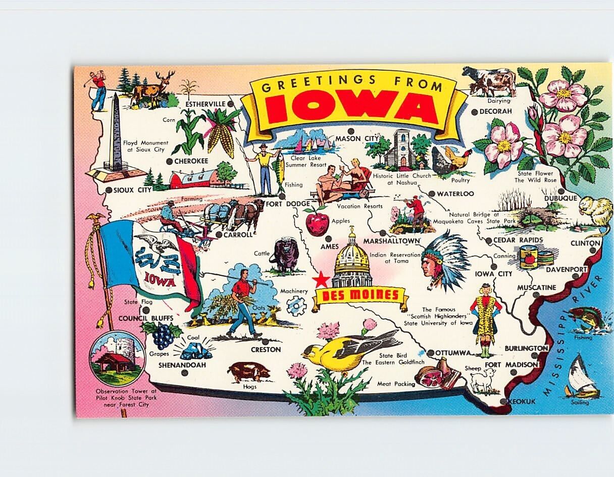 Postcard Greetings from Iowa Hawkeye State Map Iowa USA