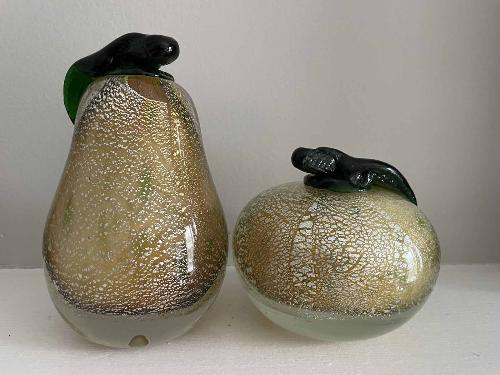 Gorgeous Glass Apple And Pear Bookends Decor Heavy Gold And Silver