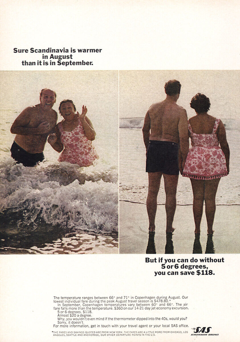 1967 SAS Scandinavian Airlines: Warmer In August Vintage Print Ad