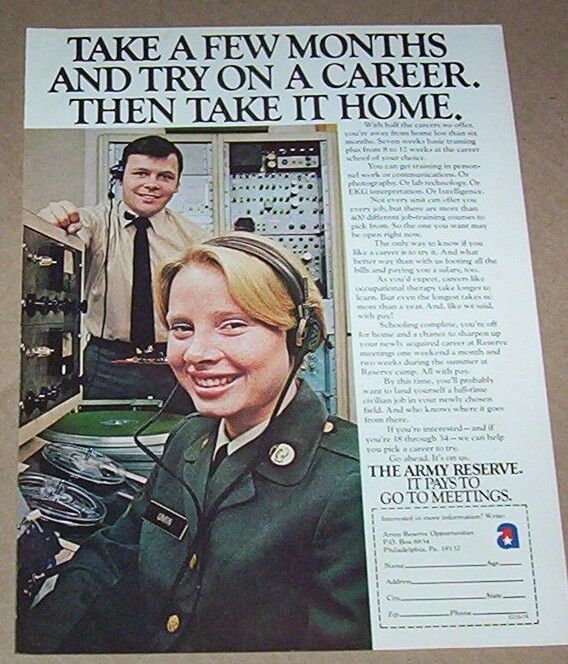 1974 print ad - The Army Reserve CUTE Girl career military women Job advertising