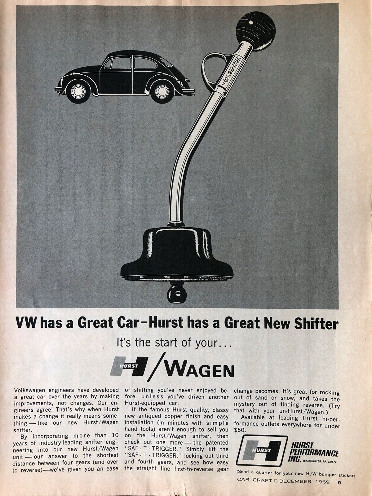 1969 Vintage Hurst shifter / Volkswagen Beetle Bug original ad IP096