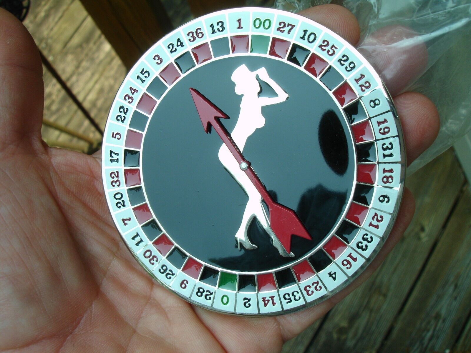 NEW casino Roulette Wheel BELT BUCKLE w Lady Luck Show Girl Lucky Gambling Table