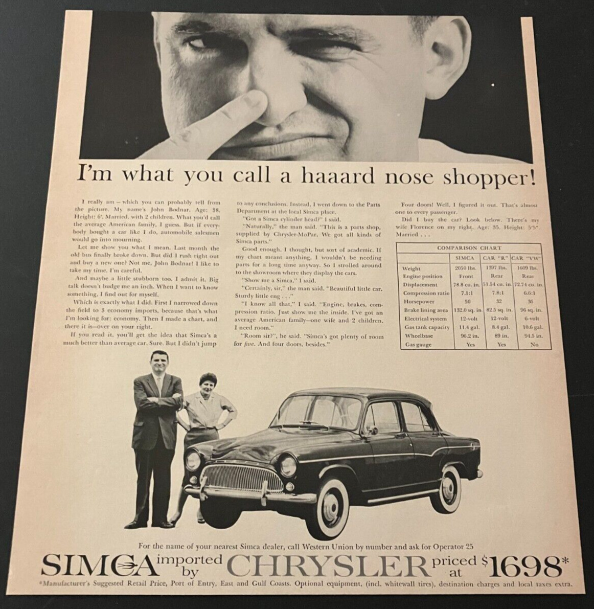 Chrysler Simca Model Range - Vintage Original Automotive Print Ad / Wall Art
