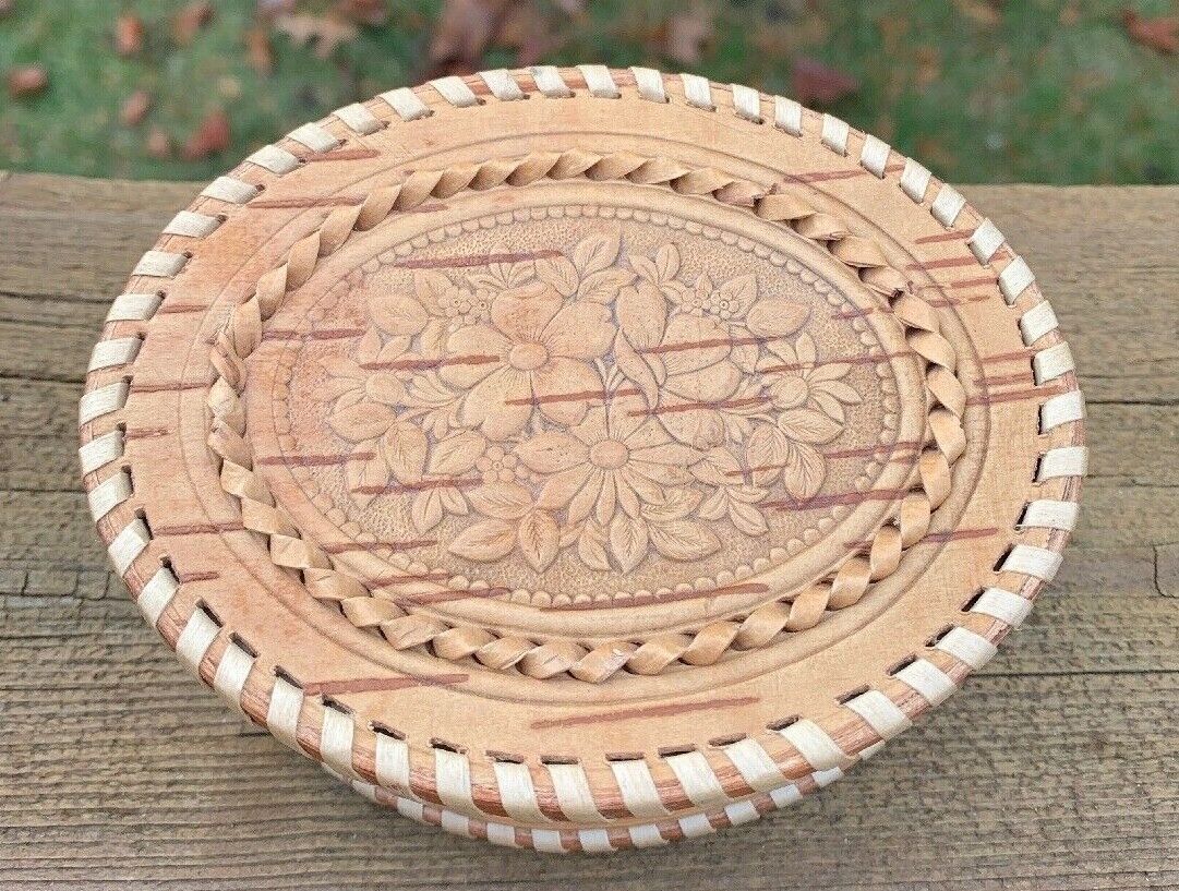 Handmade Birch Bark Wood Trinket Jewelry Treasures Box w/ Lid Floral Design 