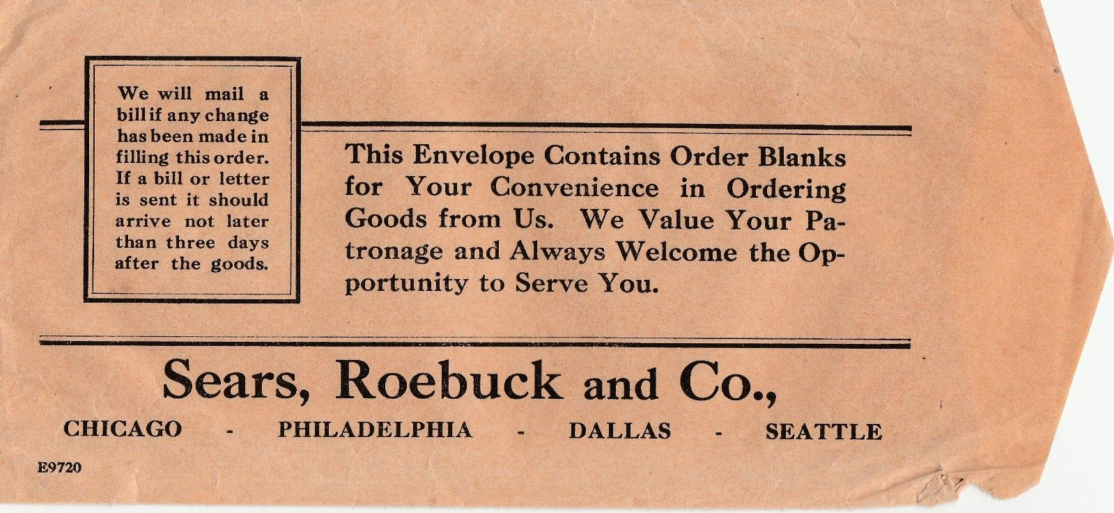 Sears, Roebuck and Co Envelope for Order Blanks c1920\'s #2