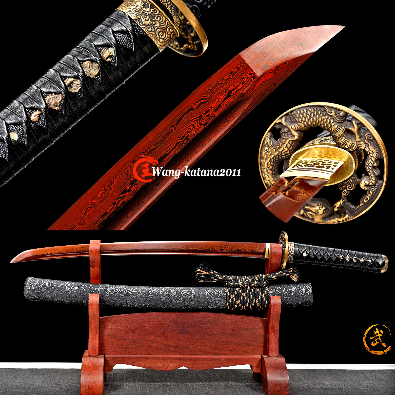Red&Black Wakizashi Damascus Folded Steel Combat Ready Japanese Samurai Sword