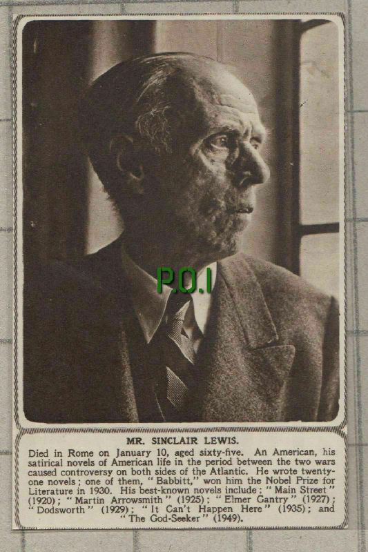 C693) Mr Sinclair Lewis Babbitt Author Obituary - 1951 Cutting