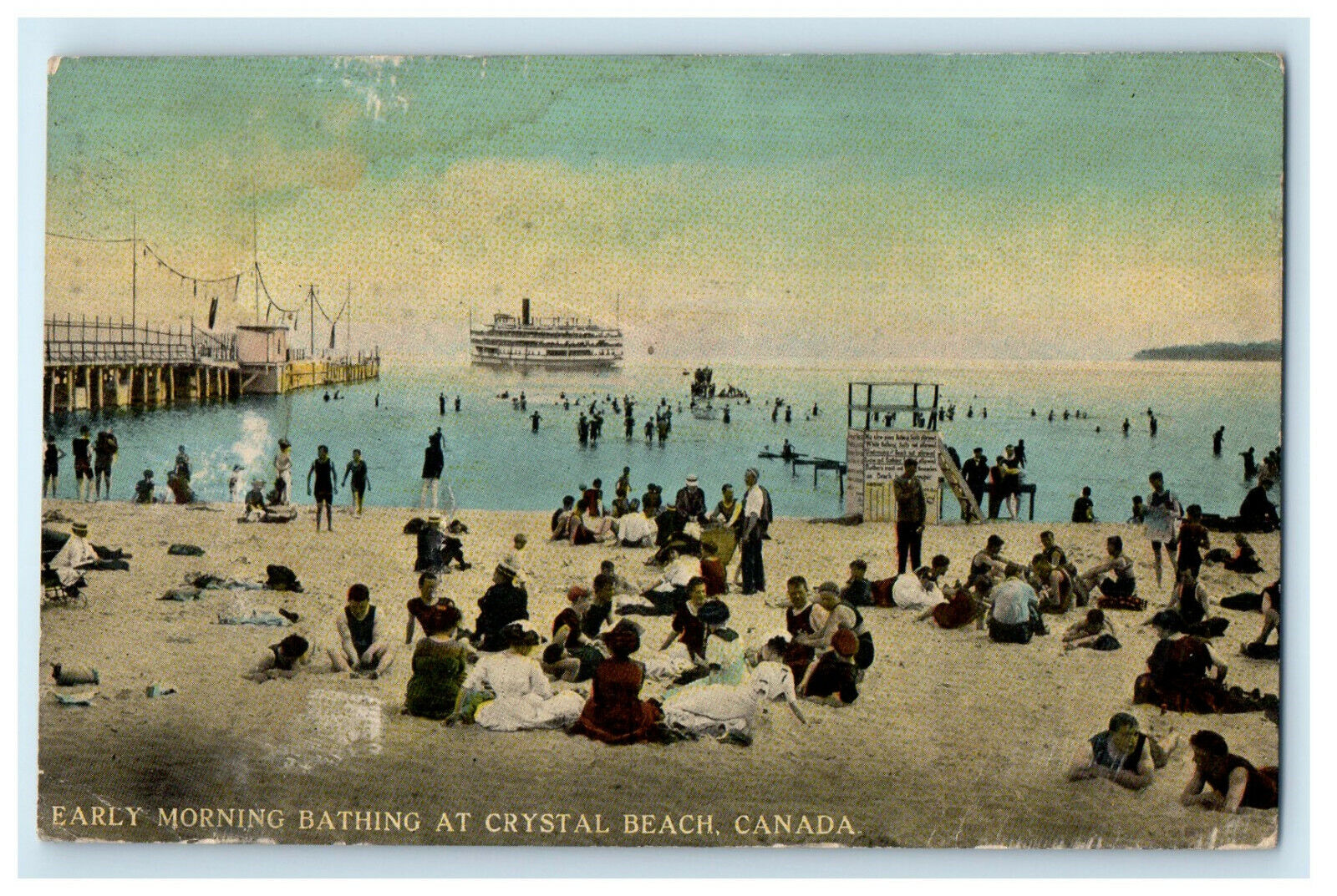 c1910 Steamship Arriving, Bathing Scene, Crystal Beach Canada CA Postcard