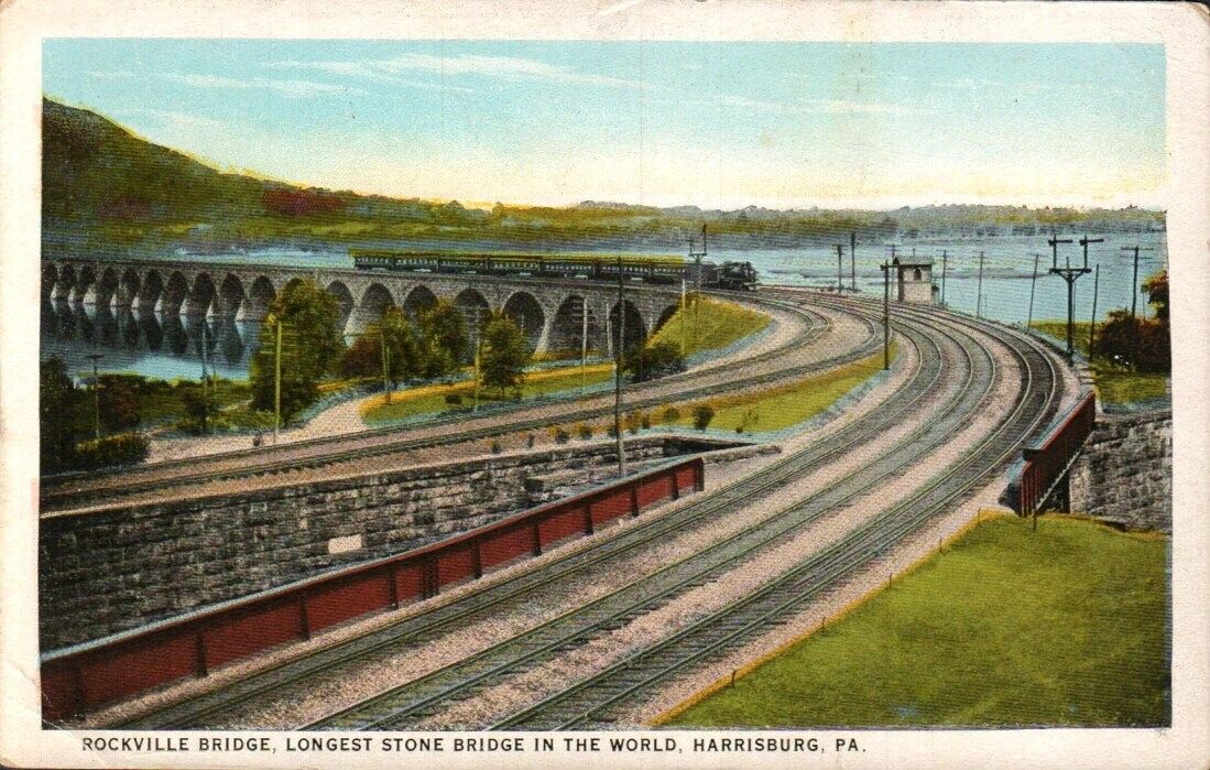 Postcard-Rockville Bridge, Stone Bridge, Harrison, PA Train Track 1099