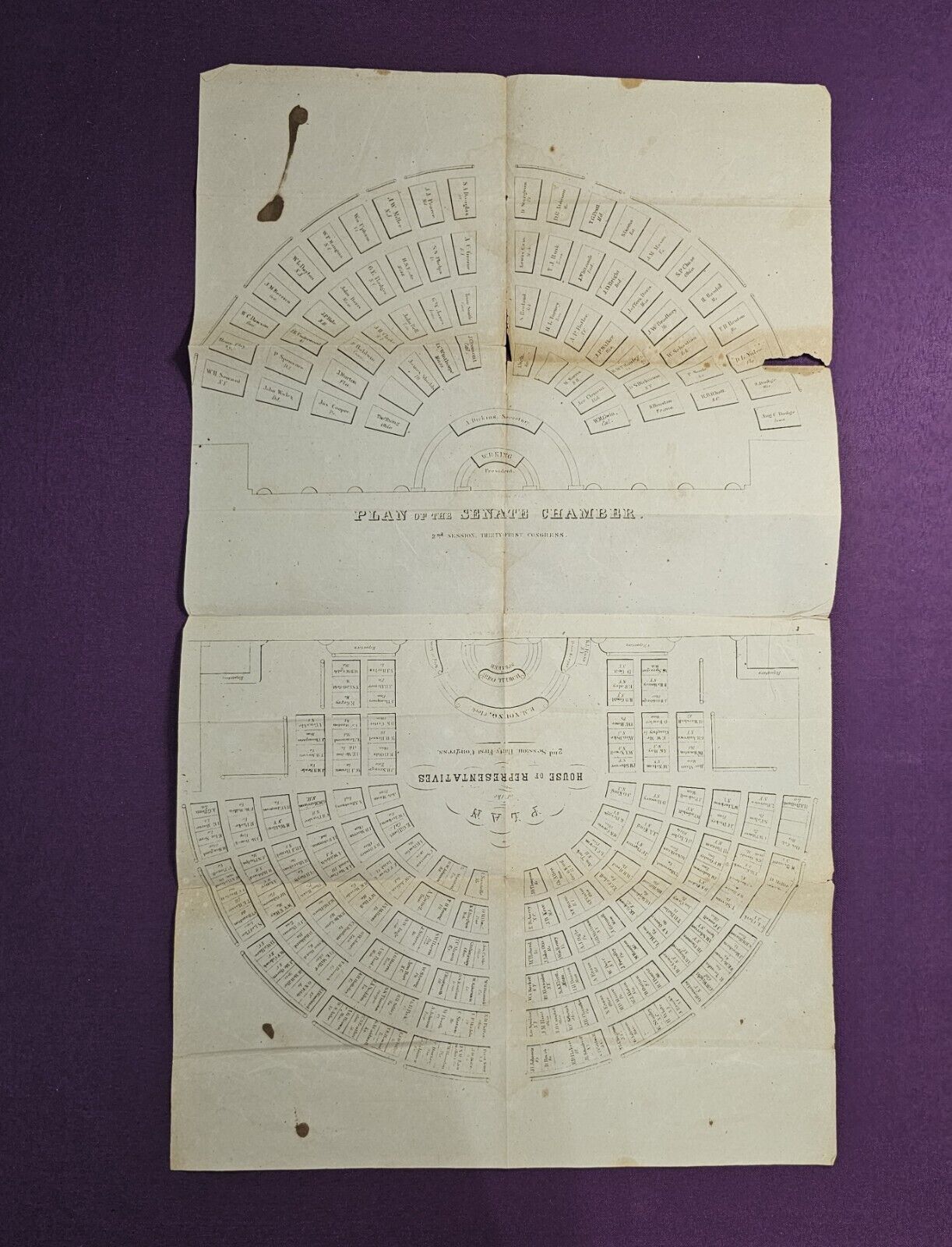 2nd Season 31st Congress 1849-1851 Seating Plan House & Senate 19th C Lithograph