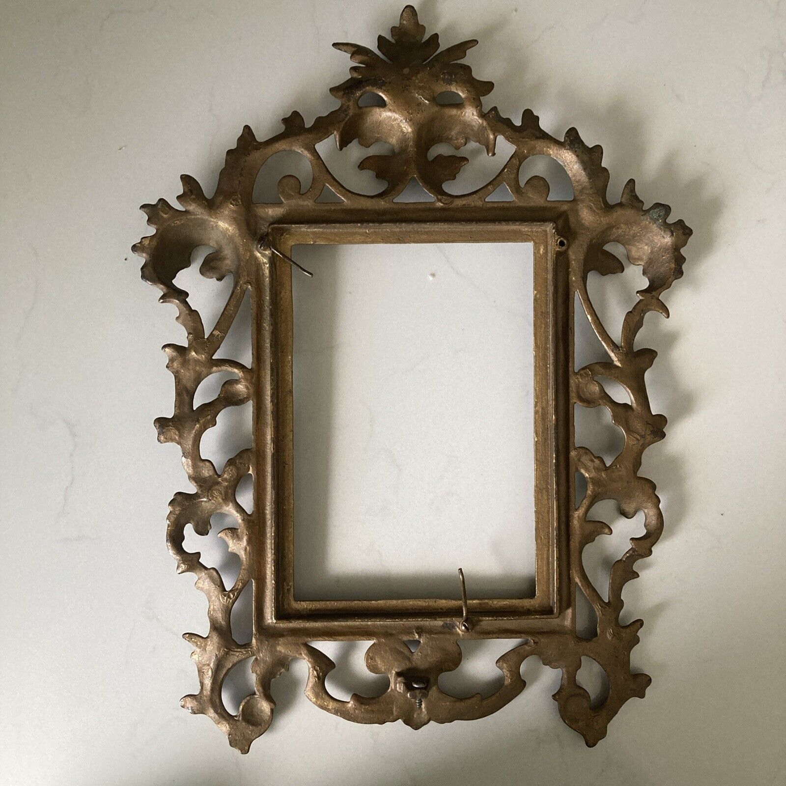 Antique Ornate Cast Iron Picture Frame Gilt Wall Hanging 9” x 12”