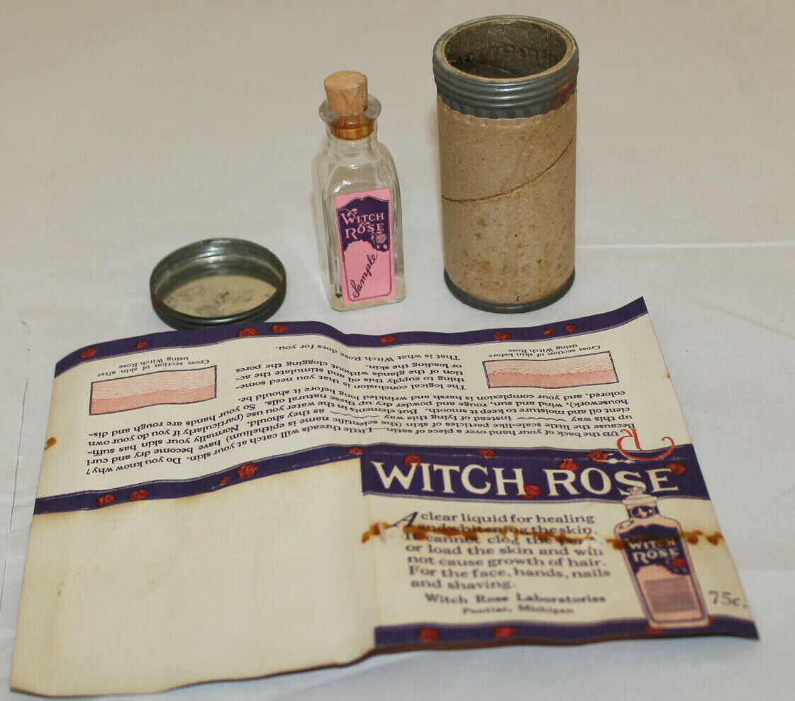 ANTIQUE WITCH ROSE SAMPLE MEDICINE BOTTLE PONTIAC MICH W/ PAPER AND CAN NOS 