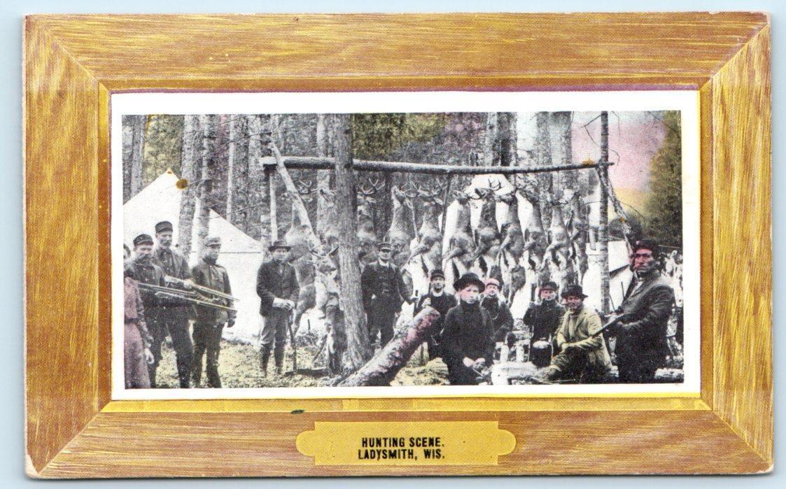 LADYSMITH, Wisconsin WI ~ HUNTING SCENE Faux Frame 1910s Rusk County Postcard