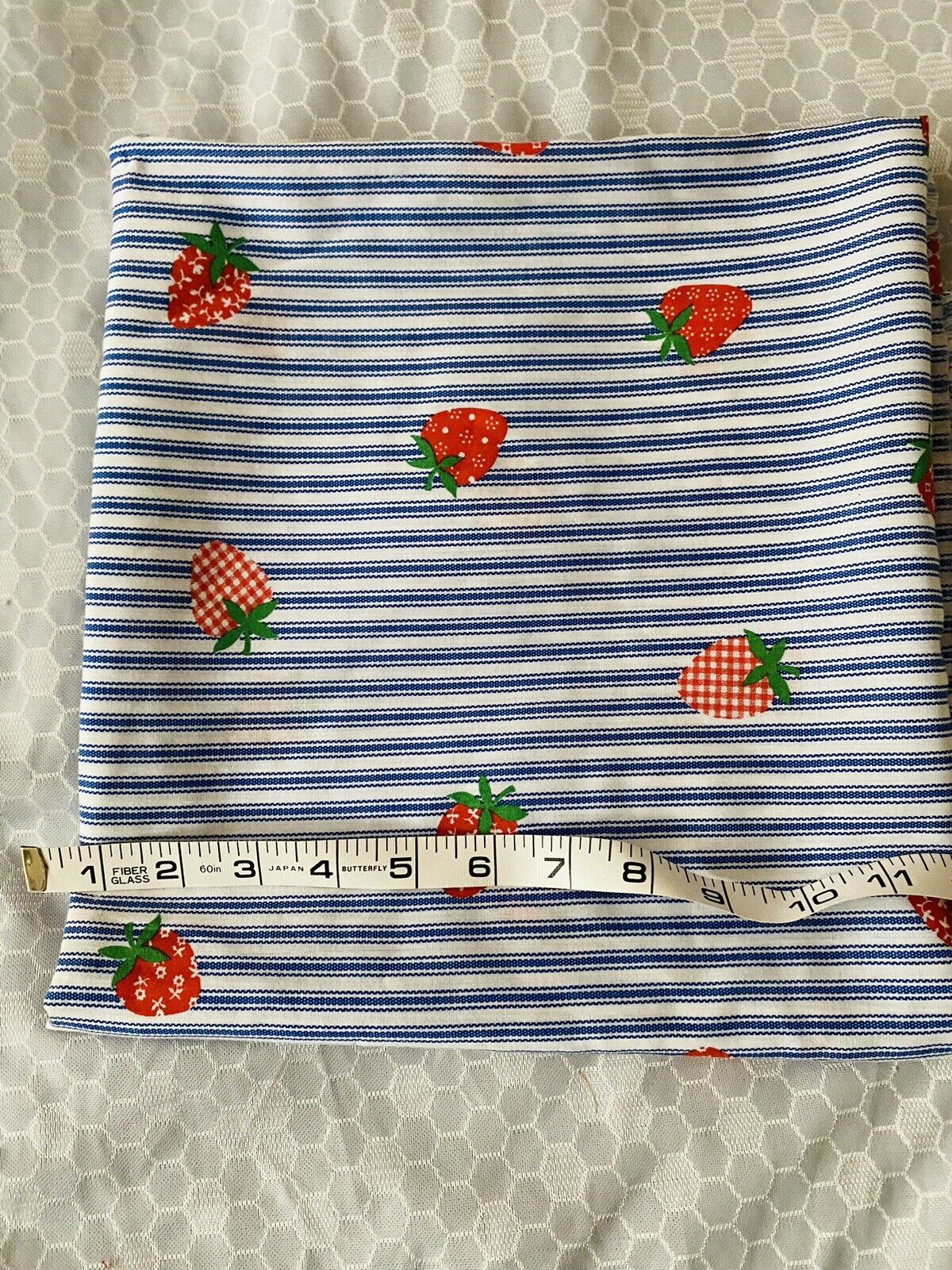 Vintage Adorable Strawberries on Pinstripe Blue Cotton 1 Yard