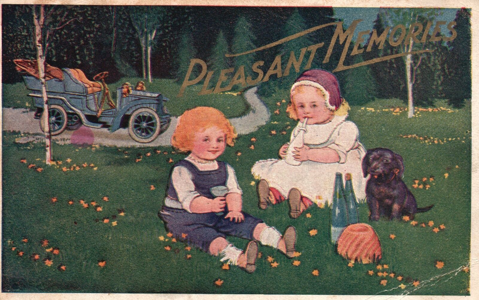 Vintage Postcard 1920\'s Pleasant Memories Childhood Playmates Picnic