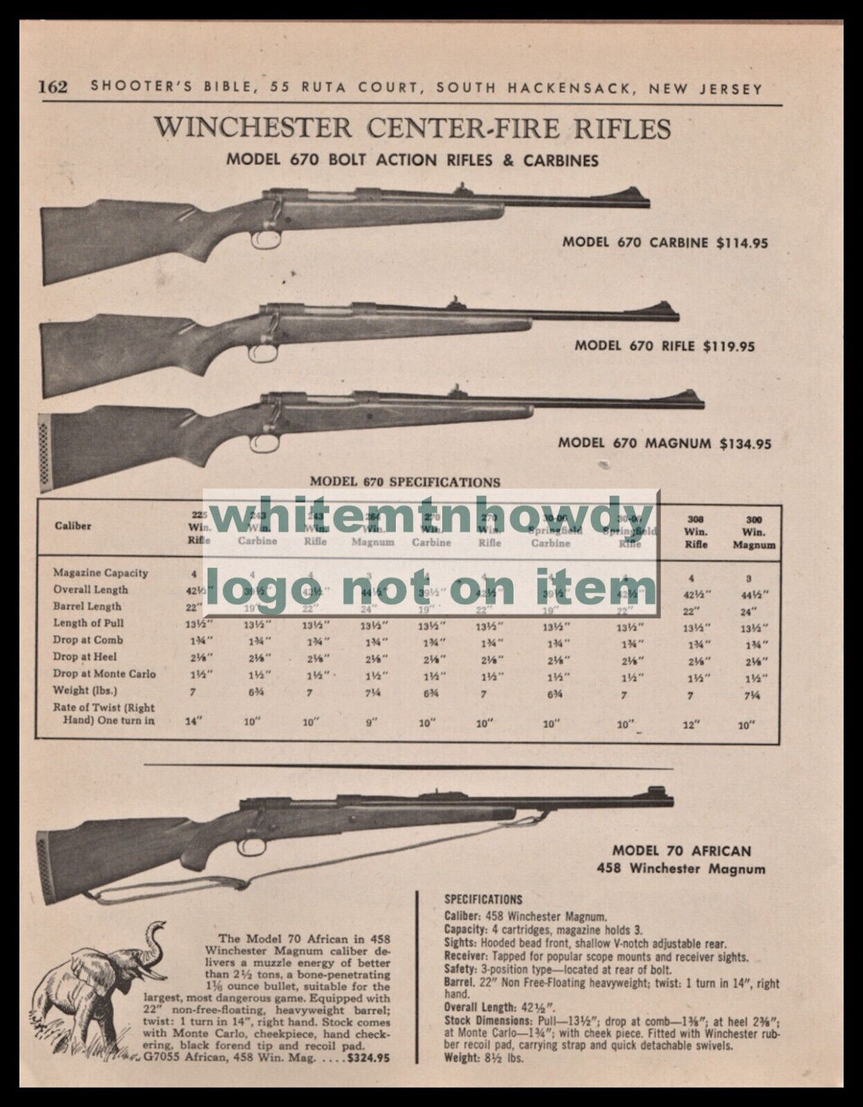 1967 WINCHESTER 670 Carbine Rifle Magnum and 70 African Rifle Original PRINT AD