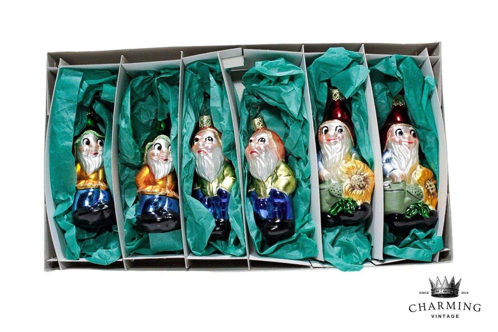 Vintage 6 Inge Glass Germany OWC Dwarfs Blown Glass Ornaments w/ Box