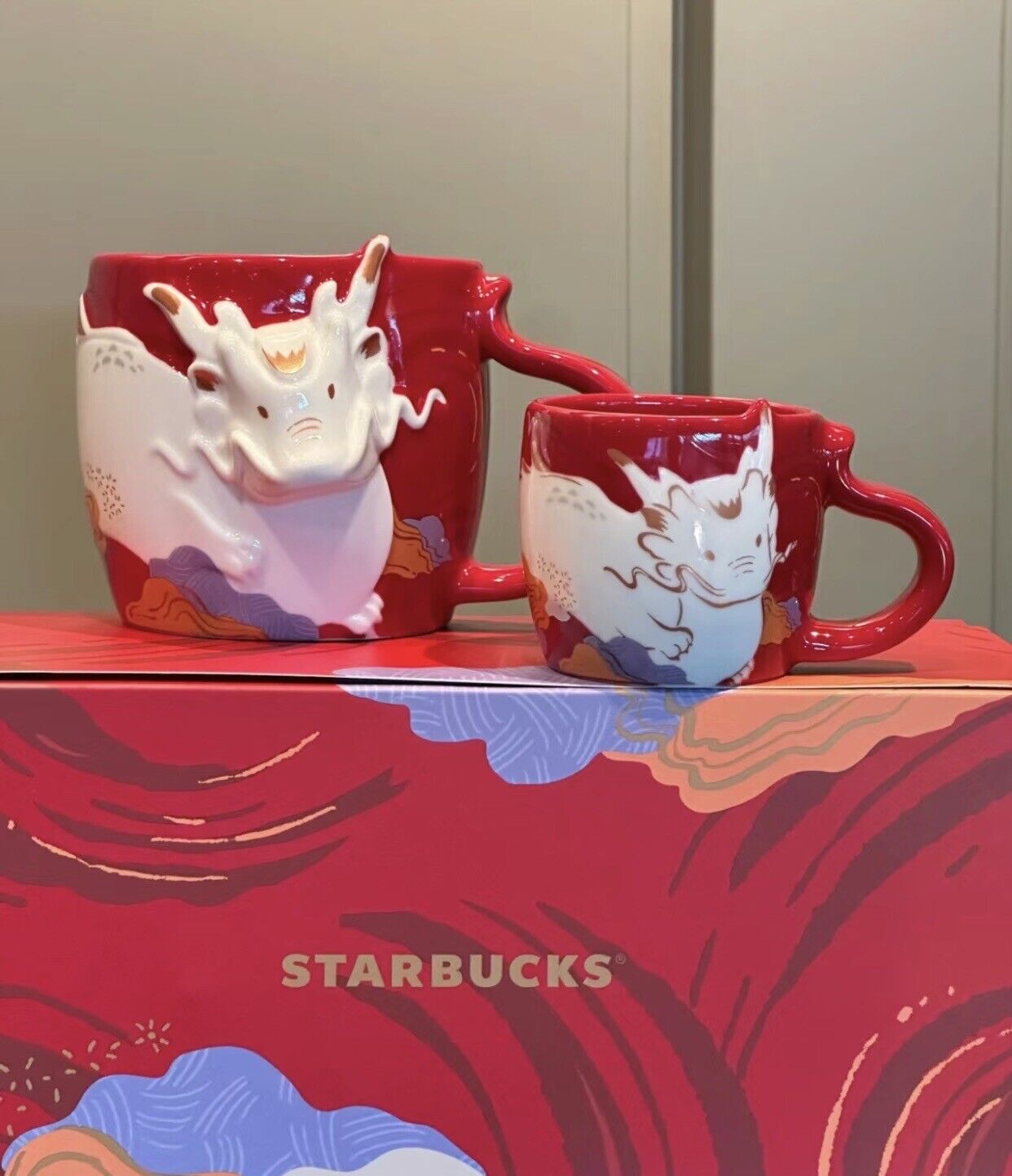 Starbucks 2024 China~Year Of Dragon 12oz and 3oz Red Mug Set